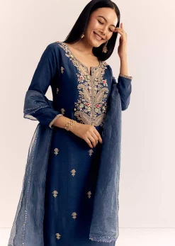 Teal Zardosi Work Kurta Pant With Dupatta