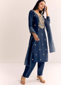 Teal Zardosi Work Kurta Pant With Dupatta