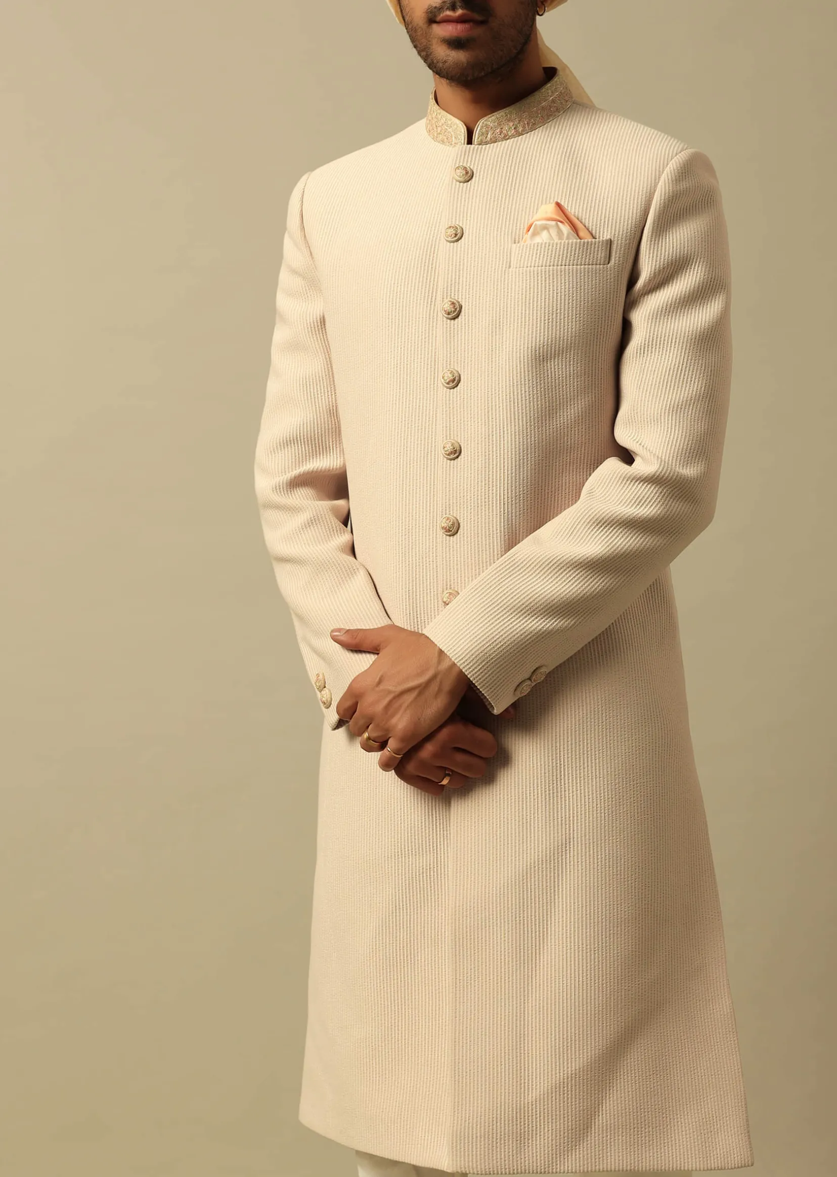 Timeless Beige Cotton Silk Sherwani Set