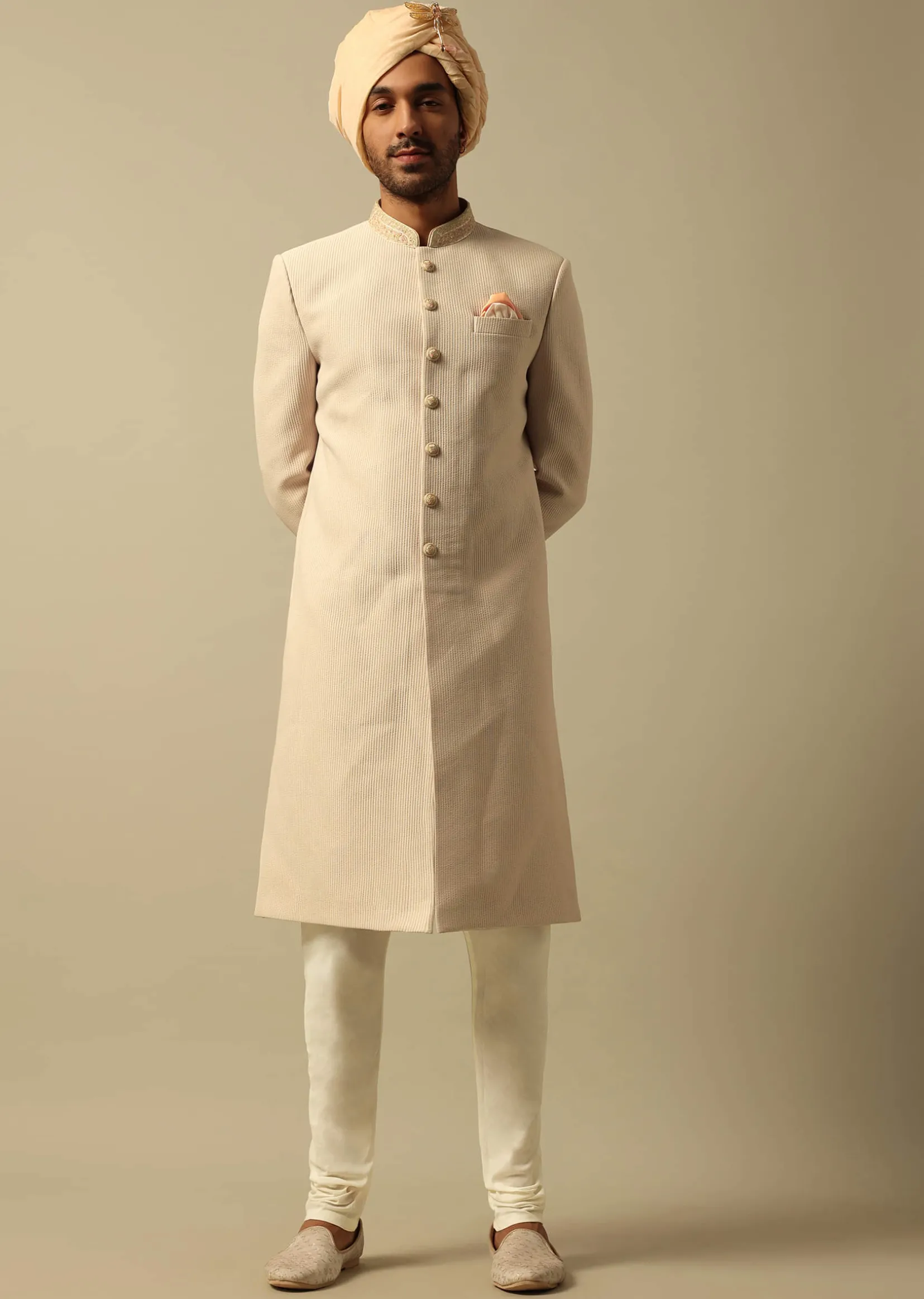 Timeless Beige Cotton Silk Sherwani Set