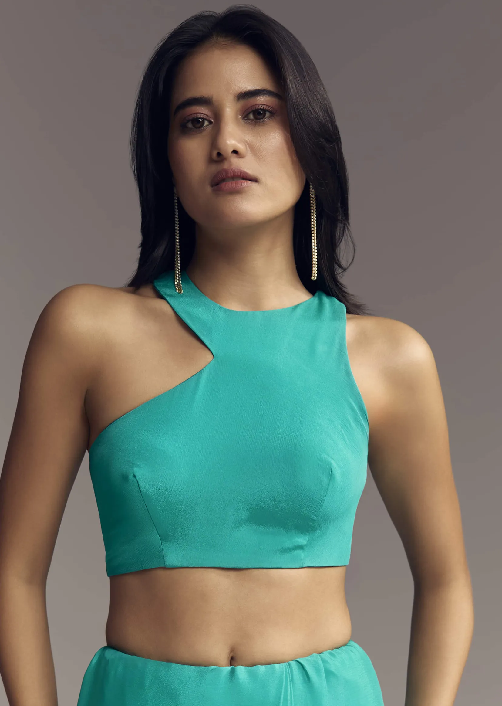 Turquoise Blue Embroidered Chinon Saree With Wavy Border