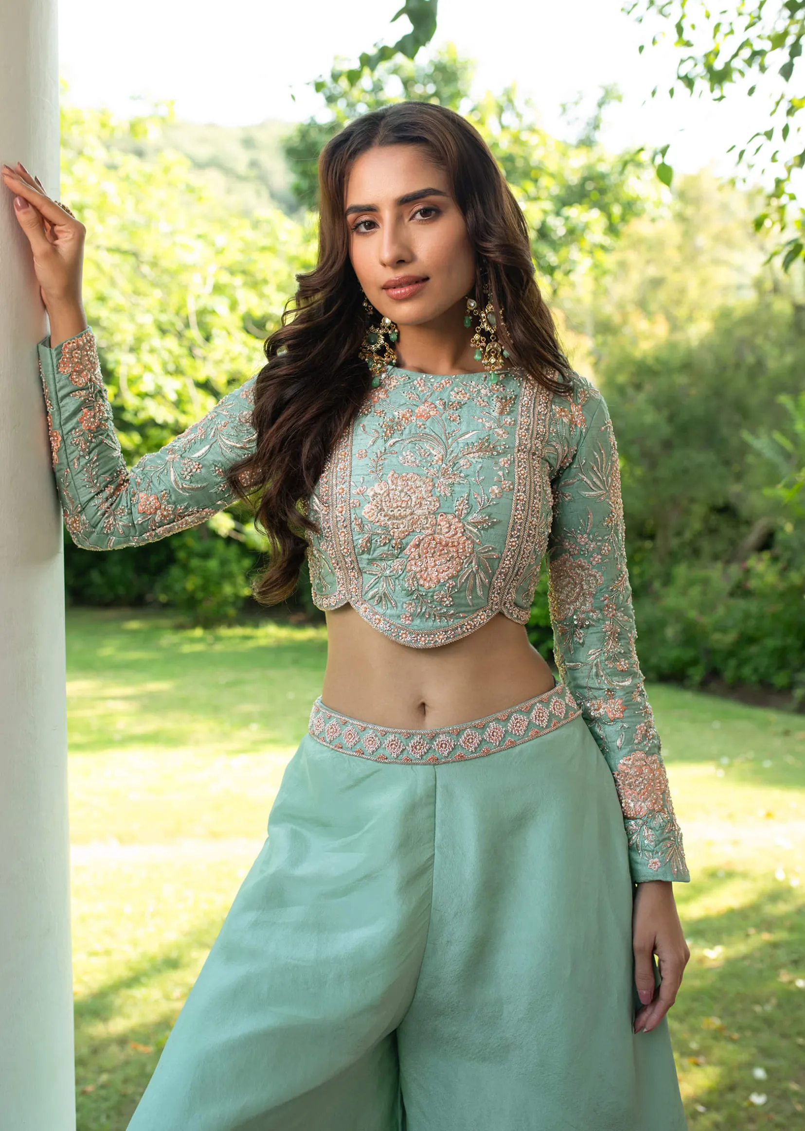 Turquoise Blue Raw Silk Hand Work Palazzo Suit