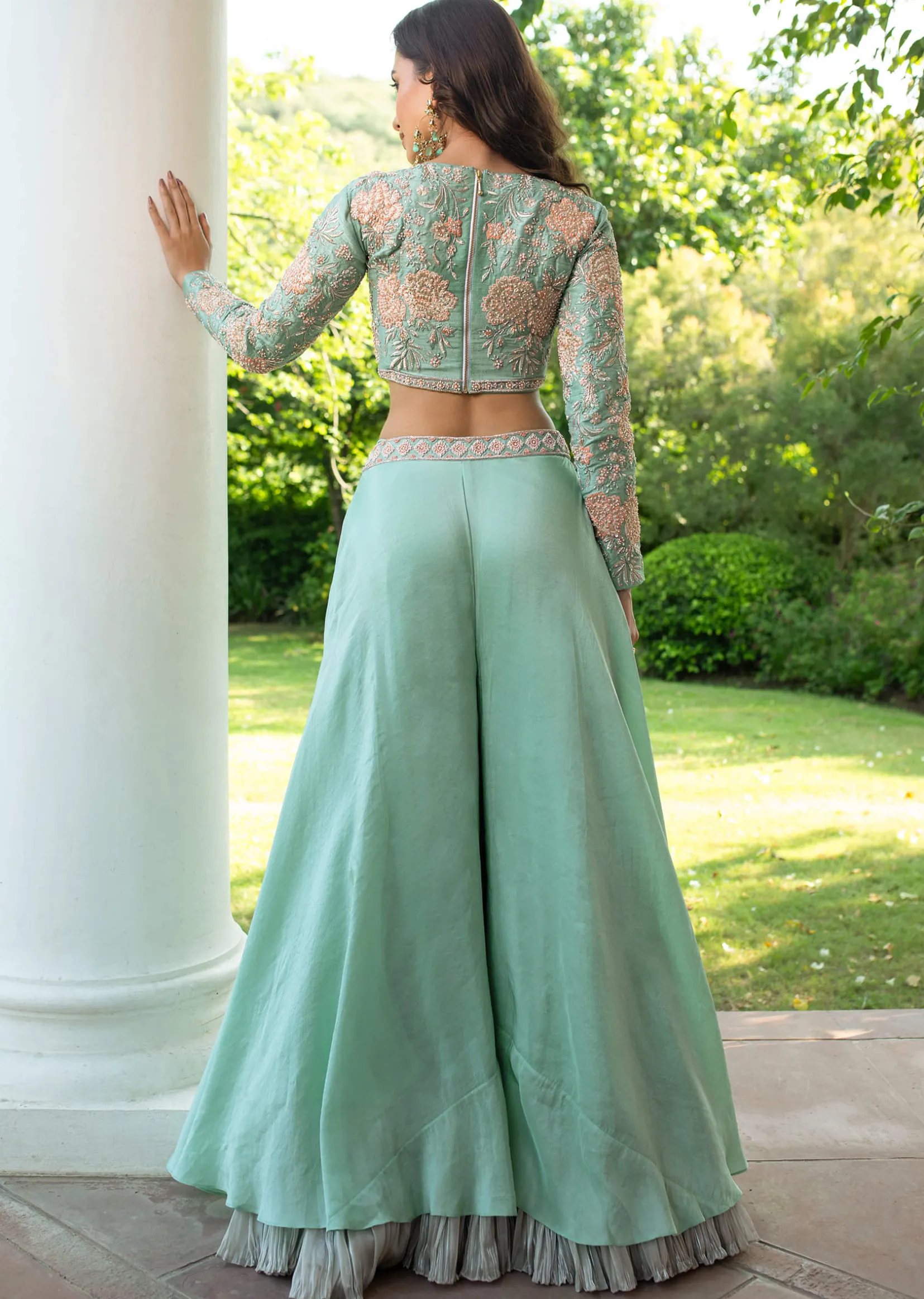 Turquoise Blue Raw Silk Hand Work Palazzo Suit