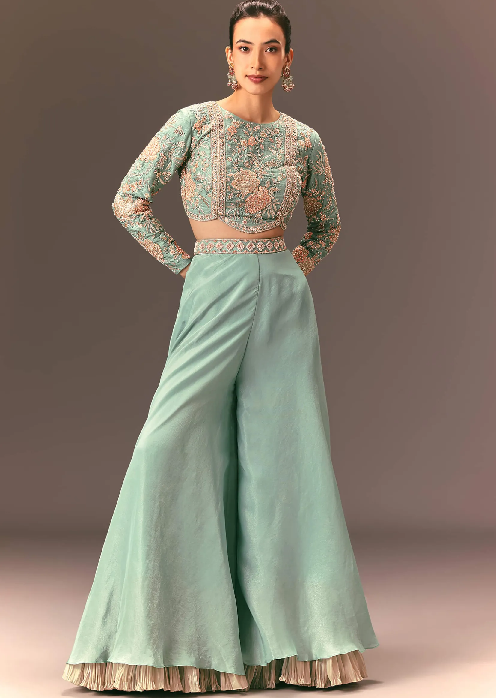 Turquoise Blue Raw Silk Hand Work Palazzo Suit