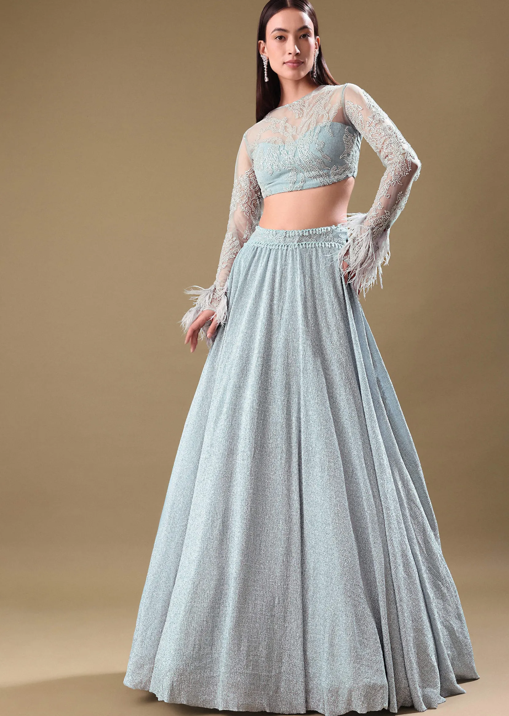 Turquoise Blue Sequin Skirt With Embroidered Blouse