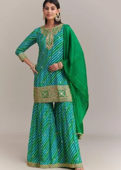 Turquoise Green Chinon Leheriya Embroidered Sharara Set