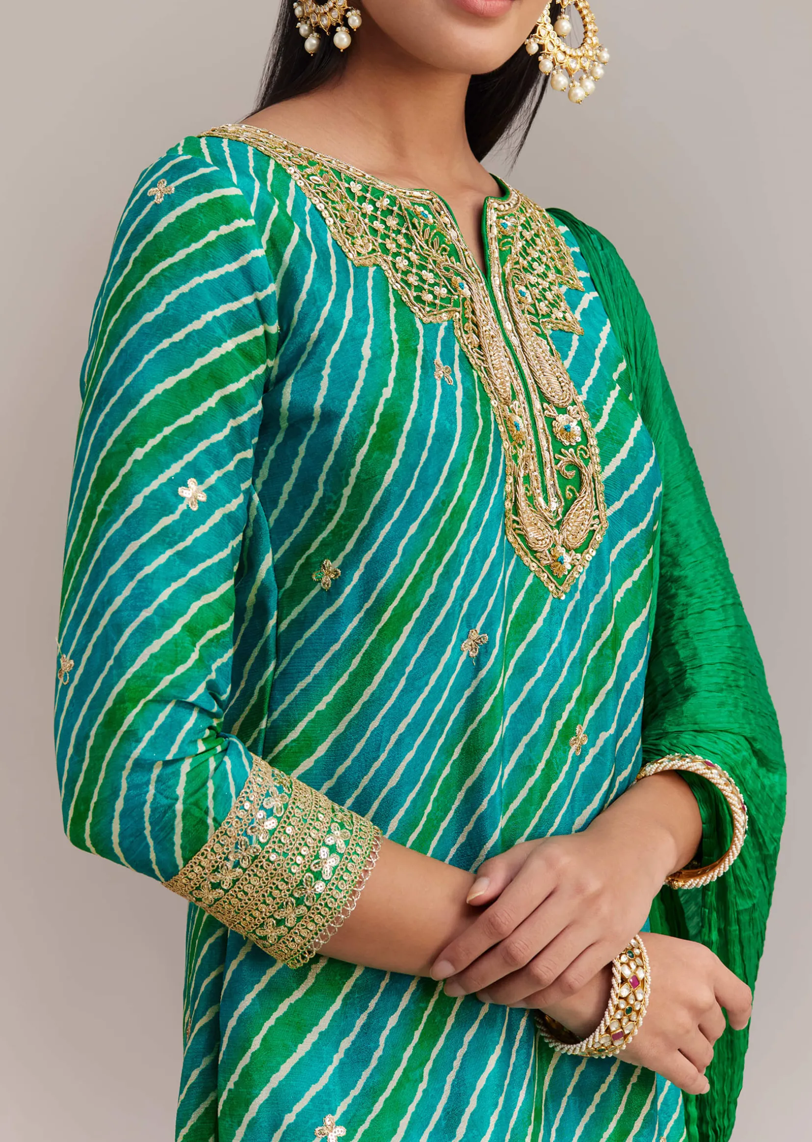Turquoise Green Chinon Leheriya Embroidered Sharara Set