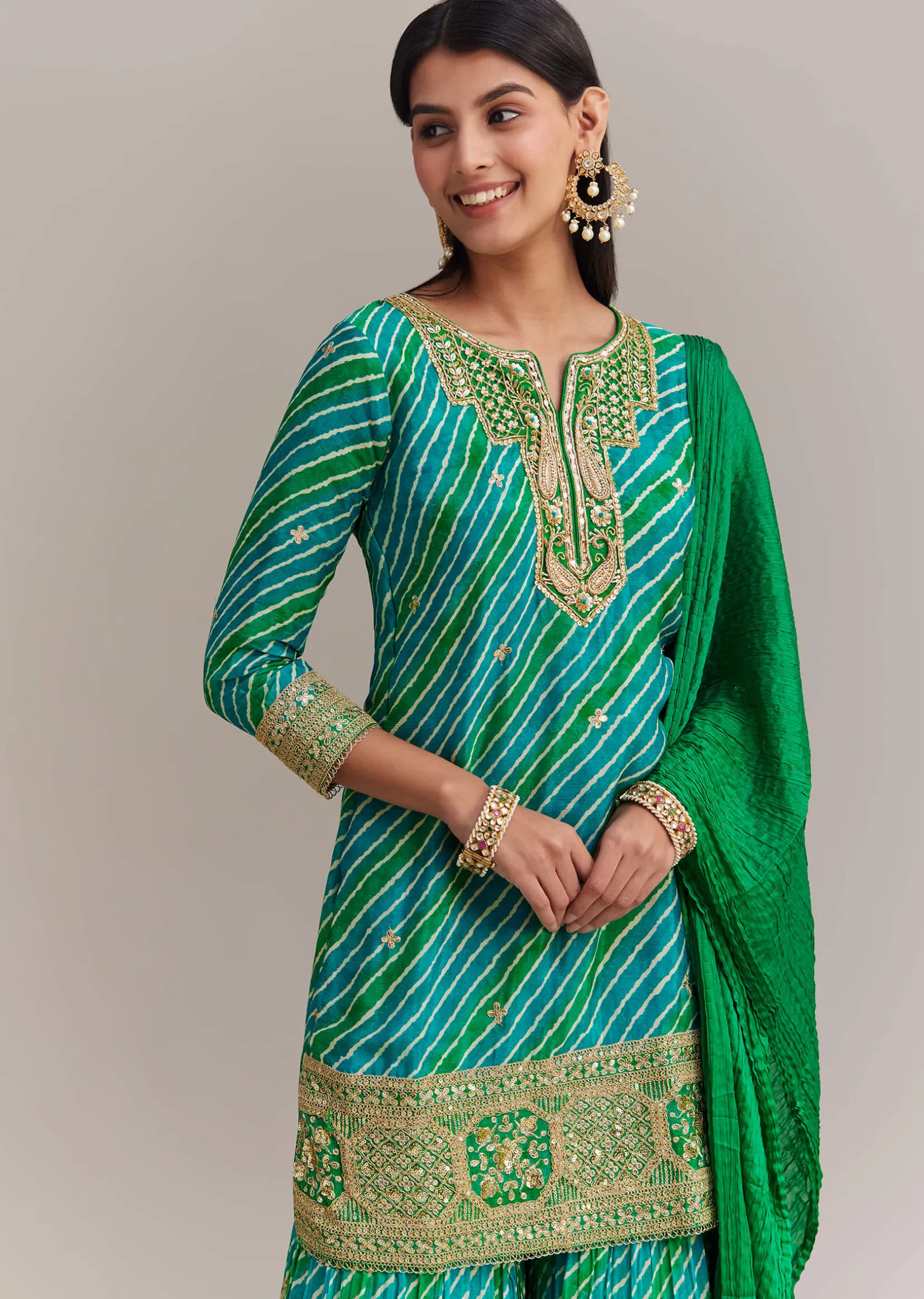 Turquoise Green Chinon Leheriya Embroidered Sharara Set