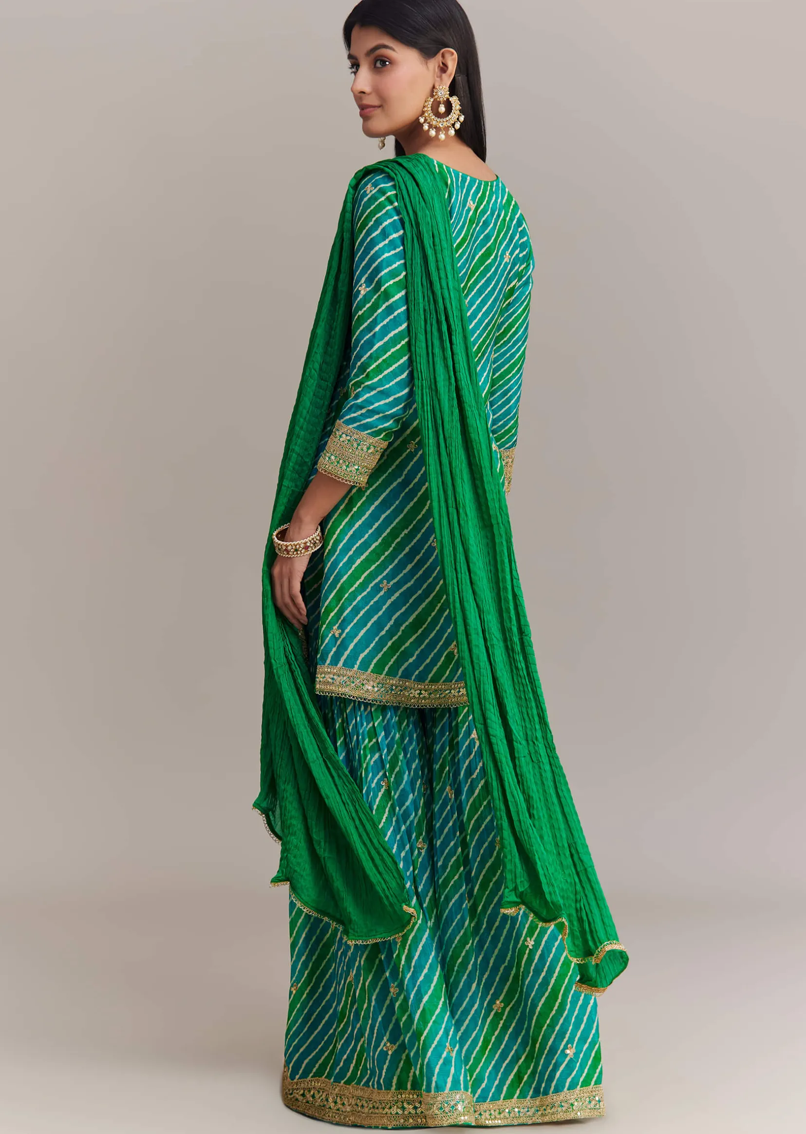 Turquoise Green Chinon Leheriya Embroidered Sharara Set