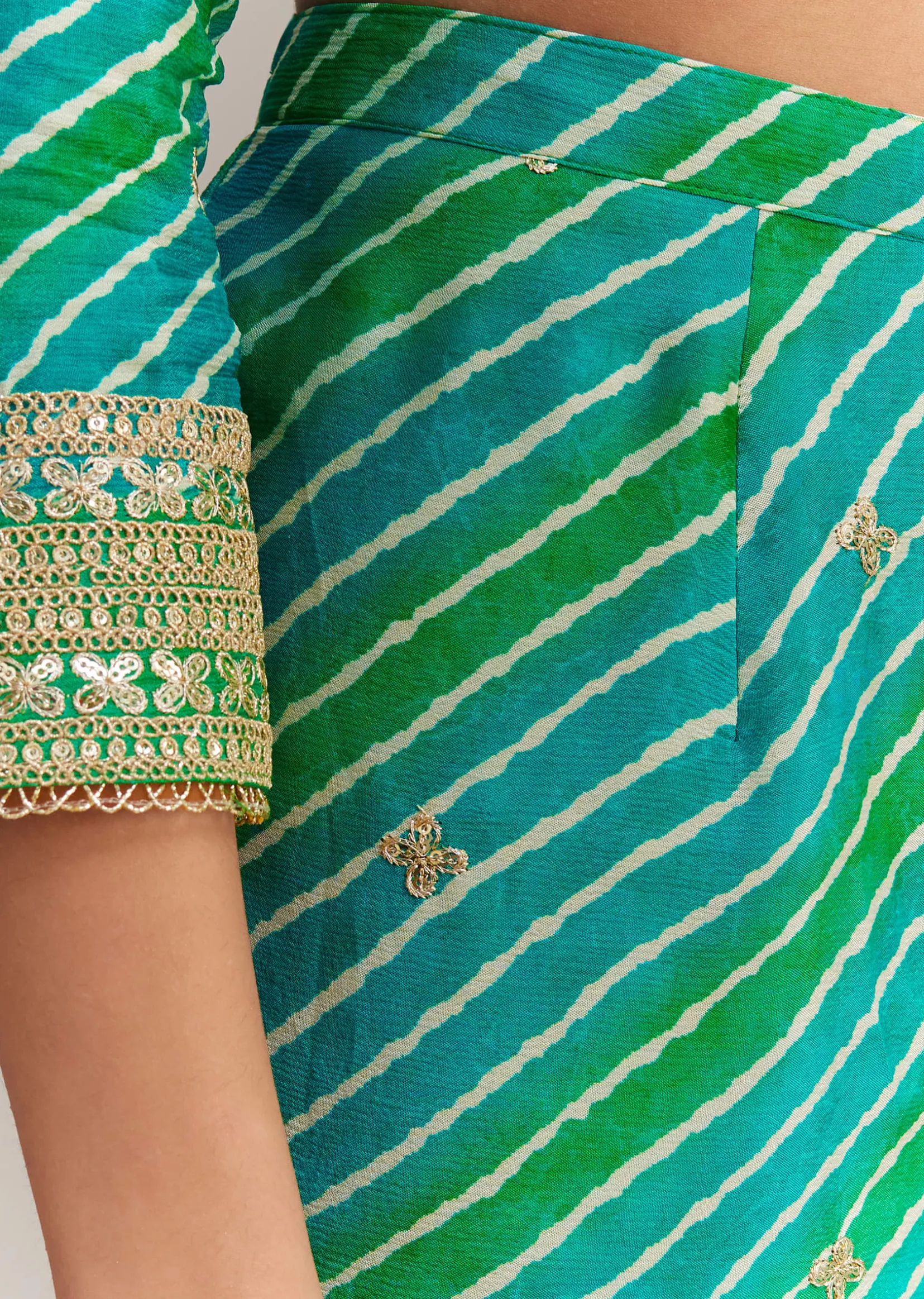 Turquoise Green Chinon Leheriya Embroidered Sharara Set