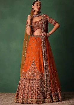 Tussar Orange Embroidered Lehenga With Scoop Neckline Blouse And Dupatta
