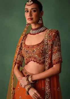 Tussar Orange Embroidered Lehenga With Scoop Neckline Blouse And Dupatta