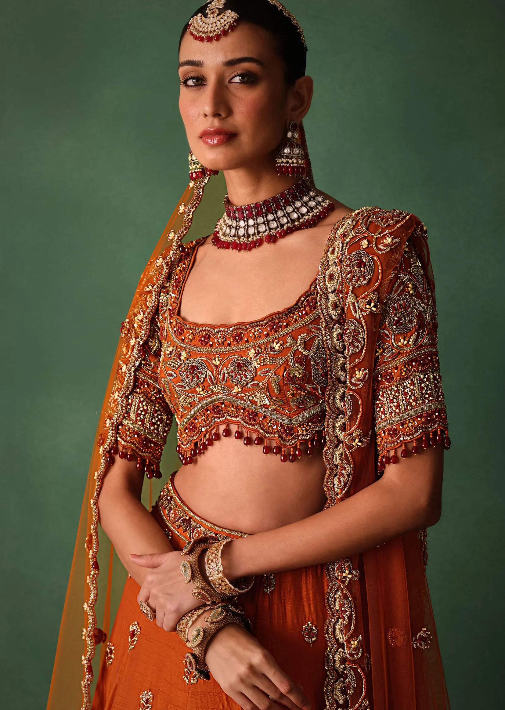 Tussar Orange Embroidered Lehenga With Scoop Neckline Blouse And Dupatta