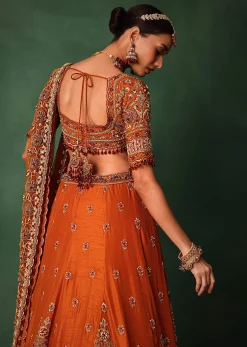 Tussar Orange Embroidered Lehenga With Scoop Neckline Blouse And Dupatta