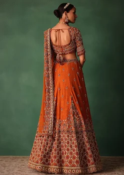 Tussar Orange Embroidered Lehenga With Scoop Neckline Blouse And Dupatta