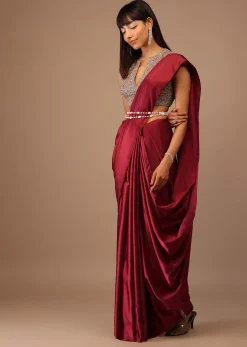 Valentine Red Milano Satin Saree With V Neck Hand Embroidered Crop Top