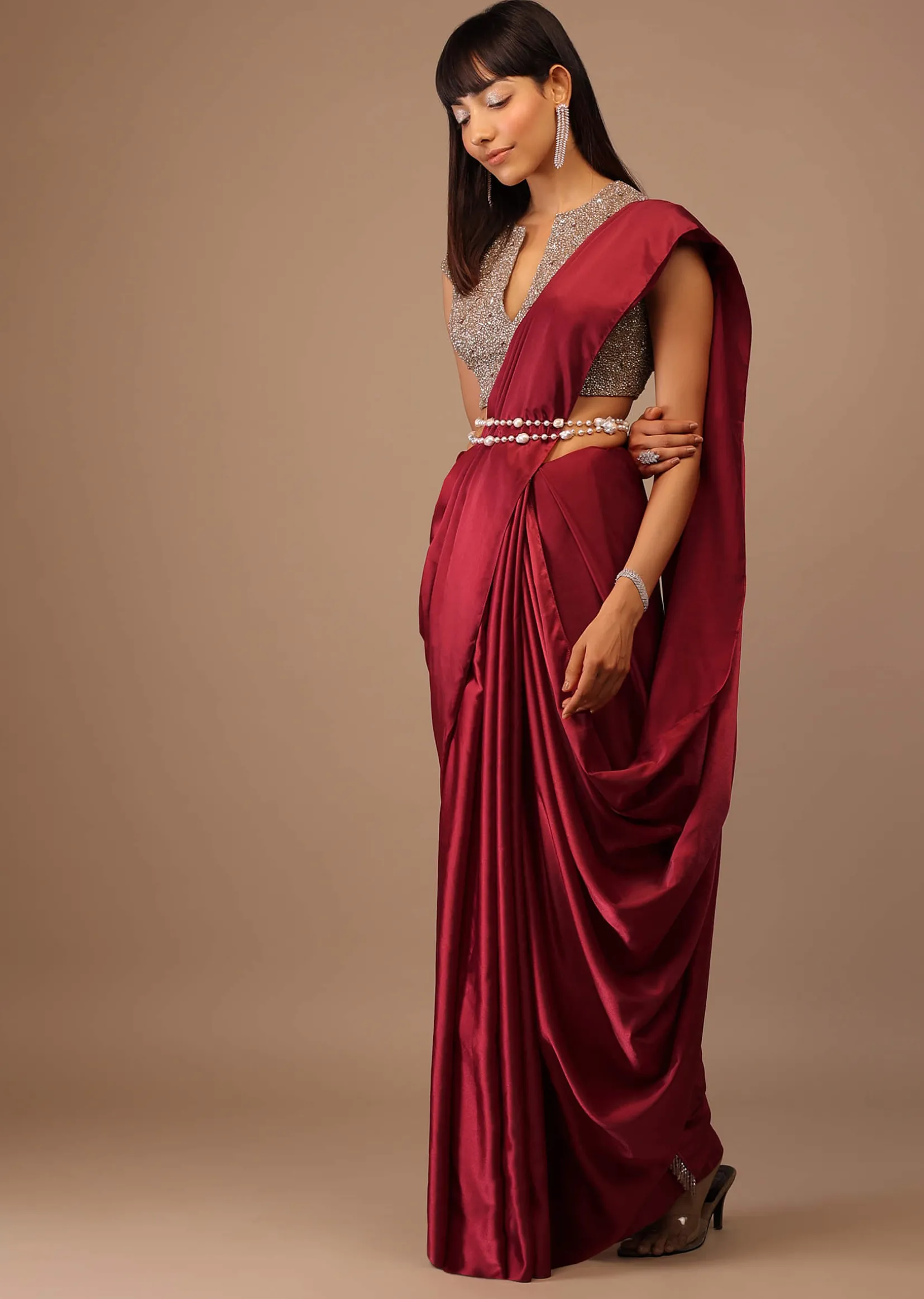 Valentine Red Milano Satin Saree With V Neck Hand Embroidered Crop Top
