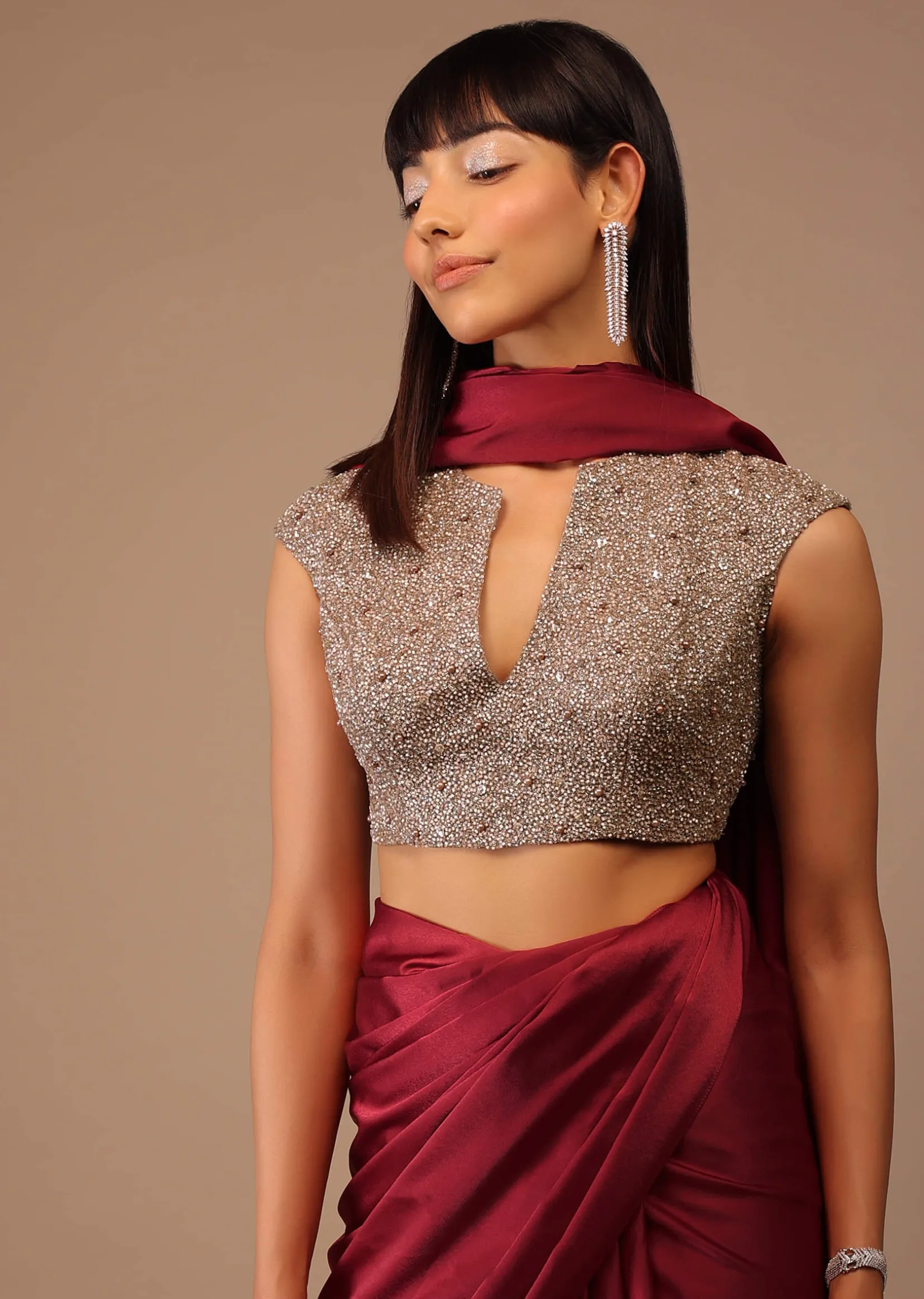 Valentine Red Milano Satin Saree With V Neck Hand Embroidered Crop Top