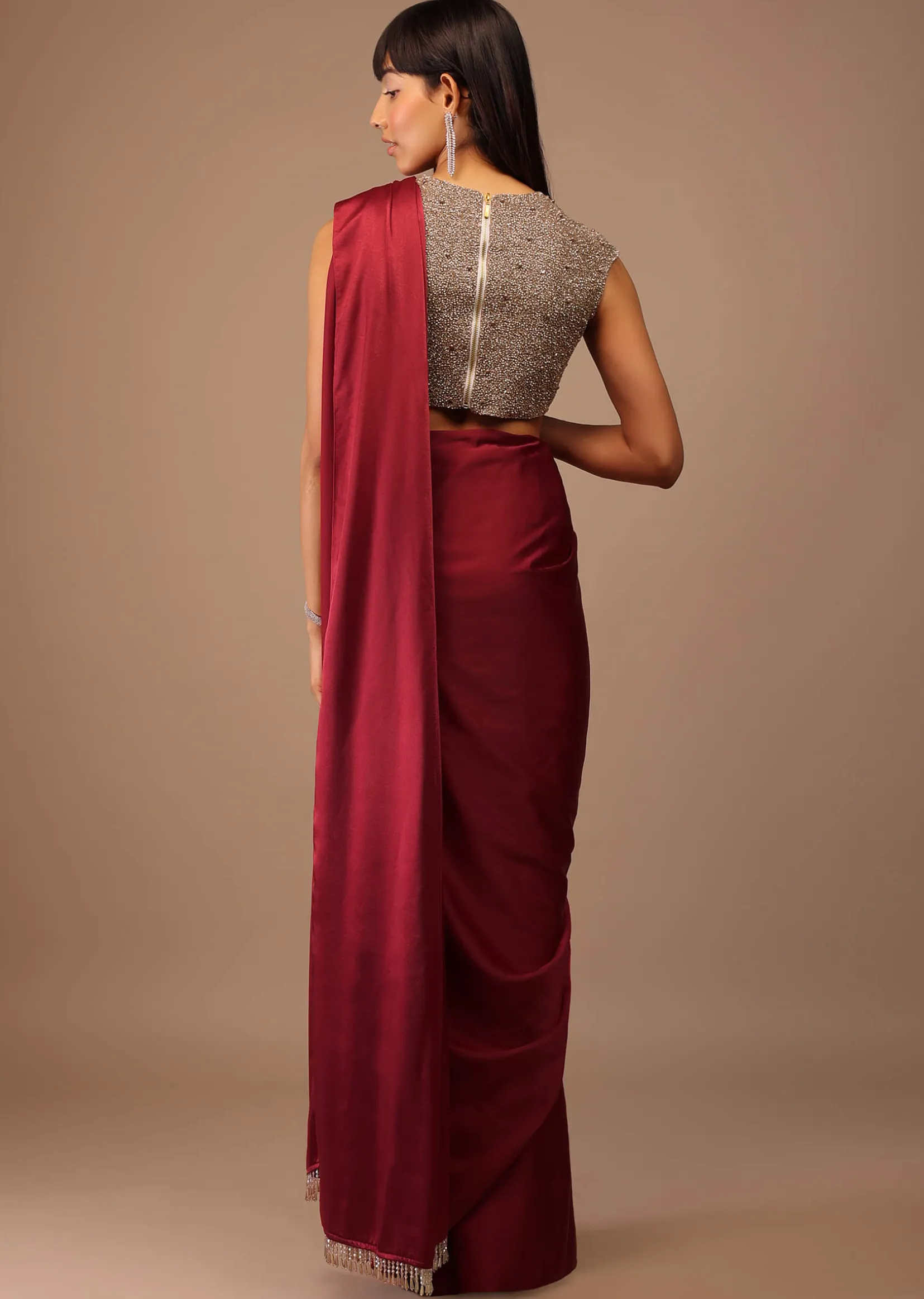 Valentine Red Milano Satin Saree With V Neck Hand Embroidered Crop Top