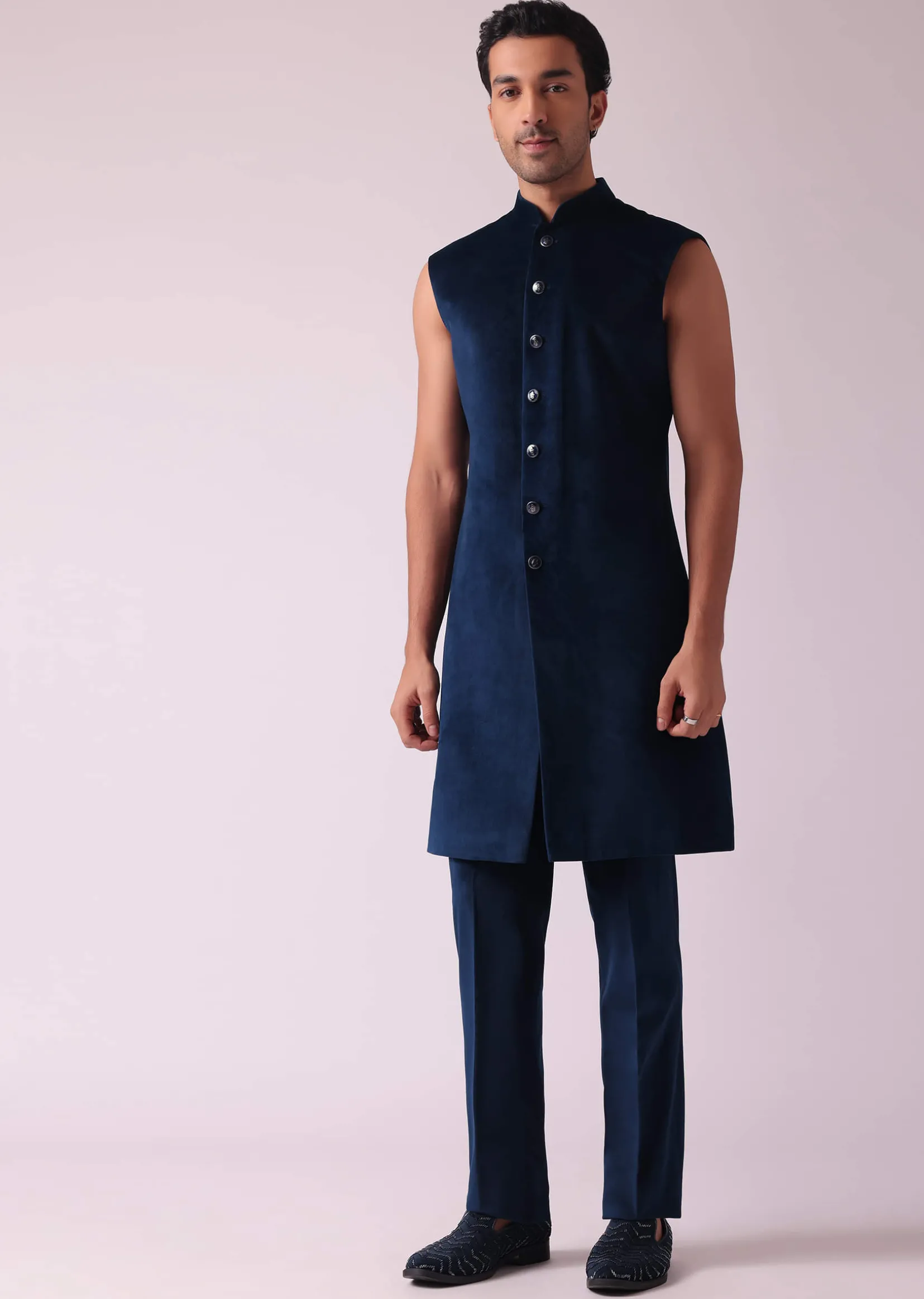 Velvet Blue Printed Indo Western Set