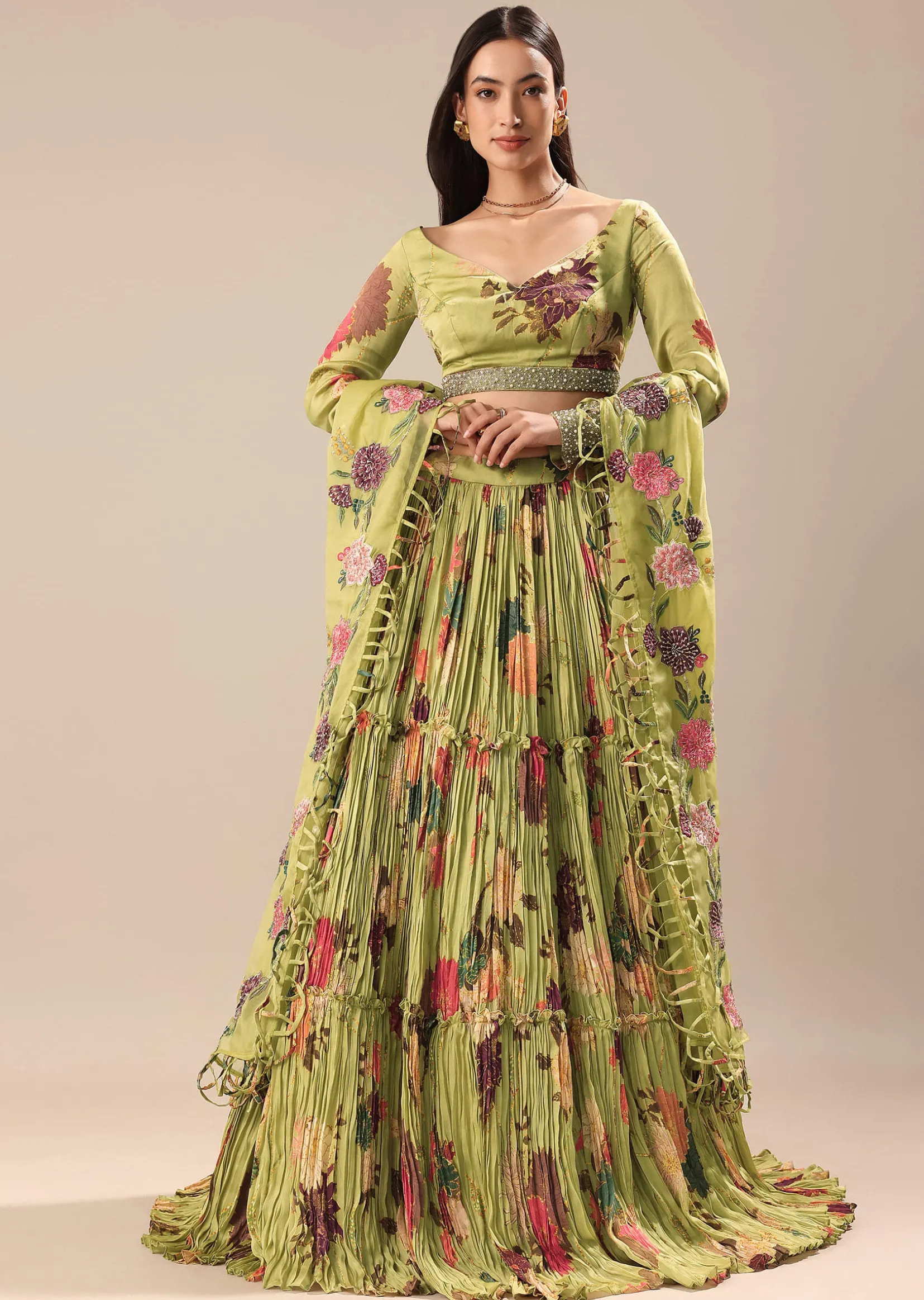 Verdant Green Printed Blouse And Skirt