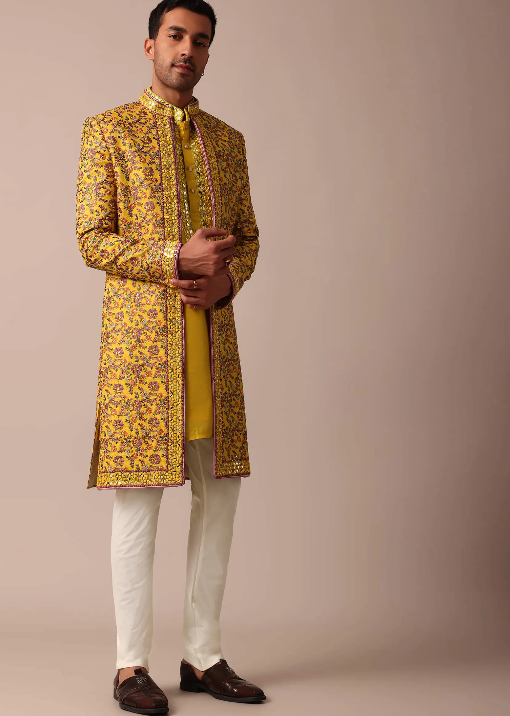 Vibrant Yellow Silk Embroidered Sherwani Set