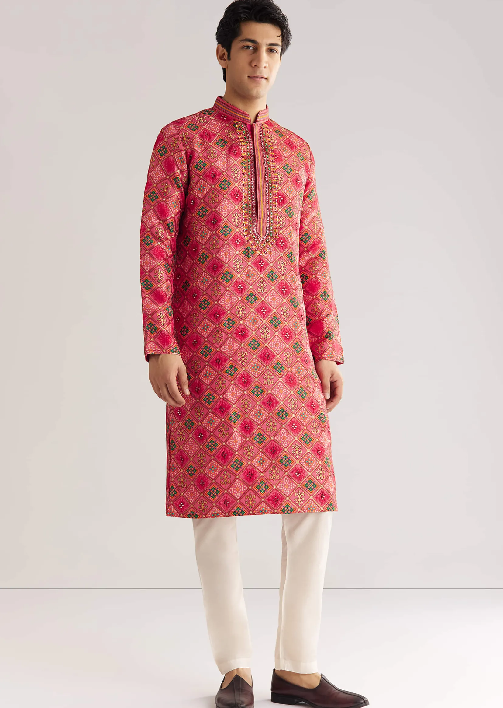 Violet Brocade Zipper Kurta Set With Mirror Work