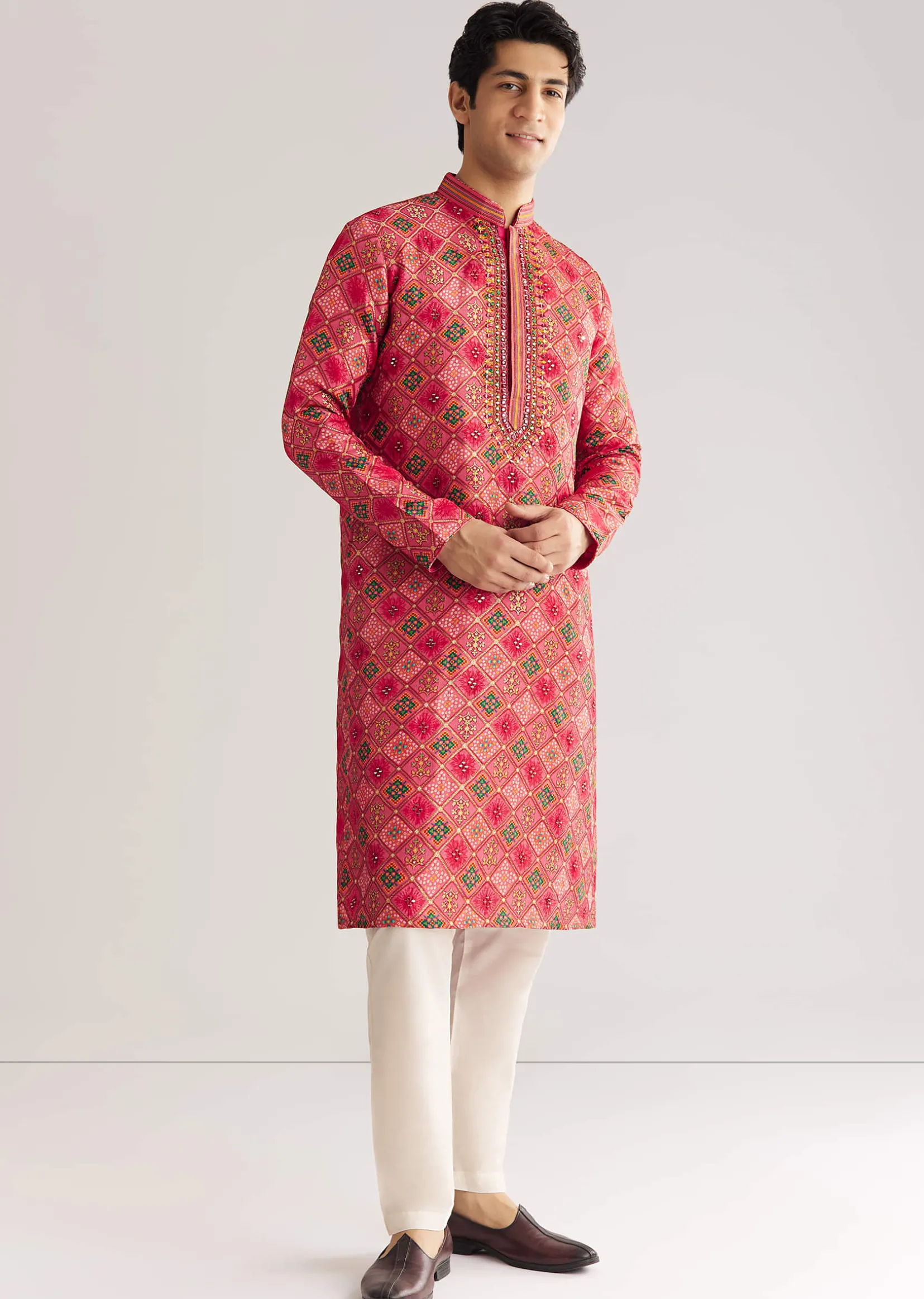 Violet Brocade Zipper Kurta Set With Mirror Work