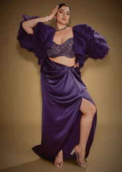 Violet Drape Skirt Set With Sleeveless Blouse And Ruffle Jacket