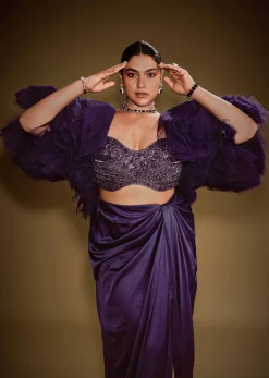 Violet Drape Skirt Set With Sleeveless Blouse And Ruffle Jacket