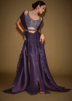 Violet Drape Skirt With Embroidered Blouse Belt And Dupatta