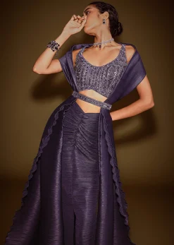 Violet Drape Skirt With Embroidered Blouse Belt And Dupatta