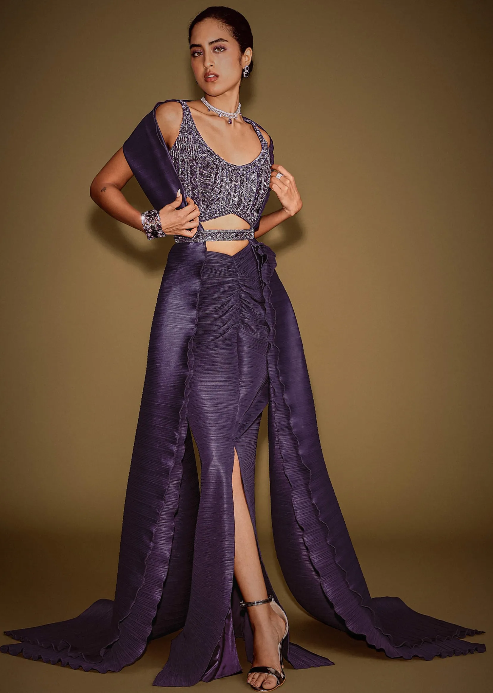Violet Drape Skirt With Embroidered Blouse Belt And Dupatta