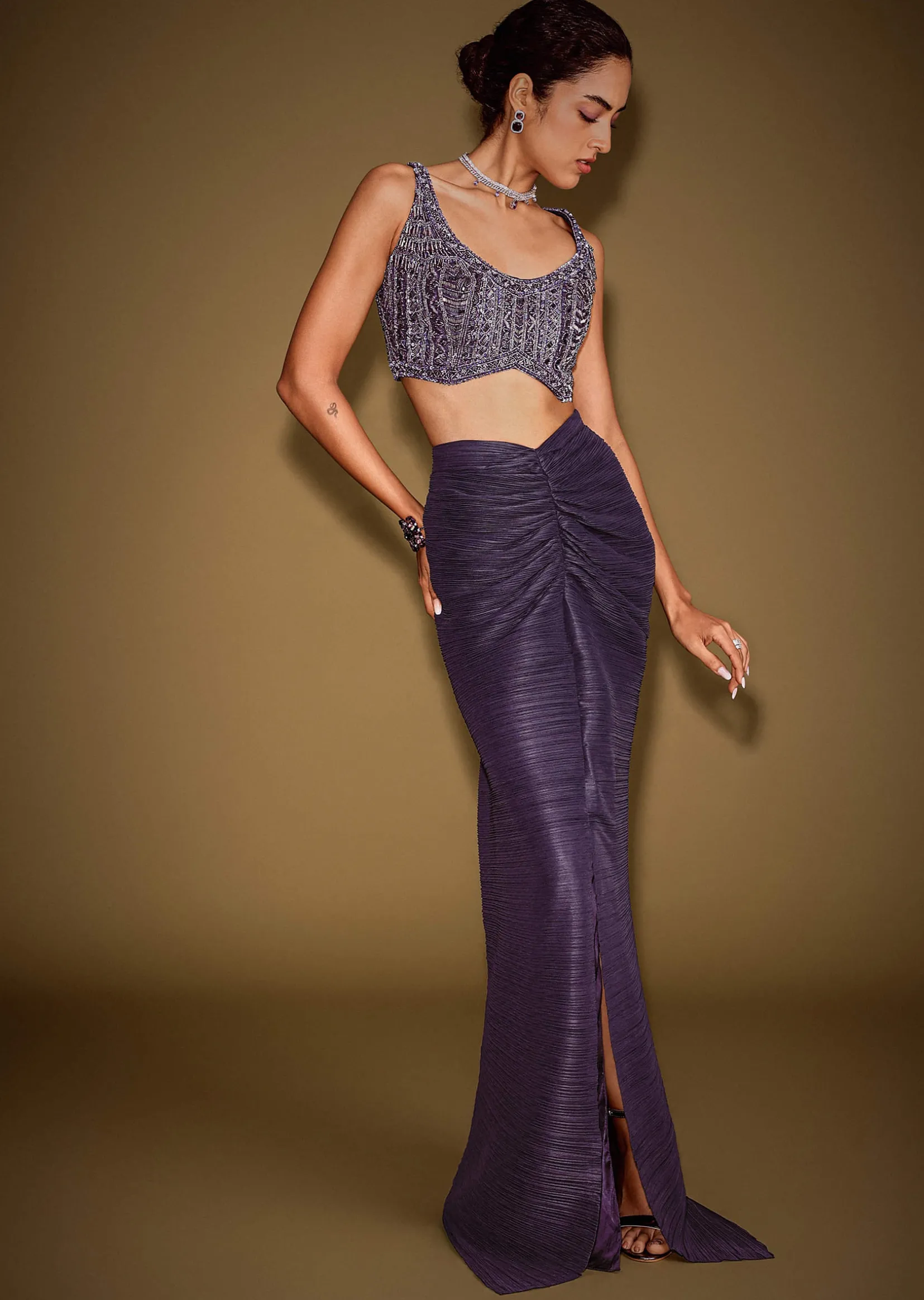 Violet Drape Skirt With Embroidered Blouse Belt And Dupatta