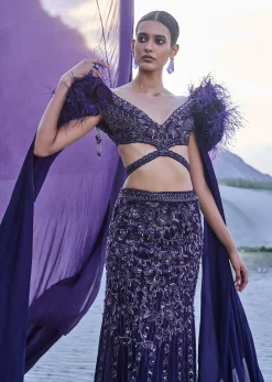 Violet Embroidered Fish Cut Lehenga Set With Attached Trail