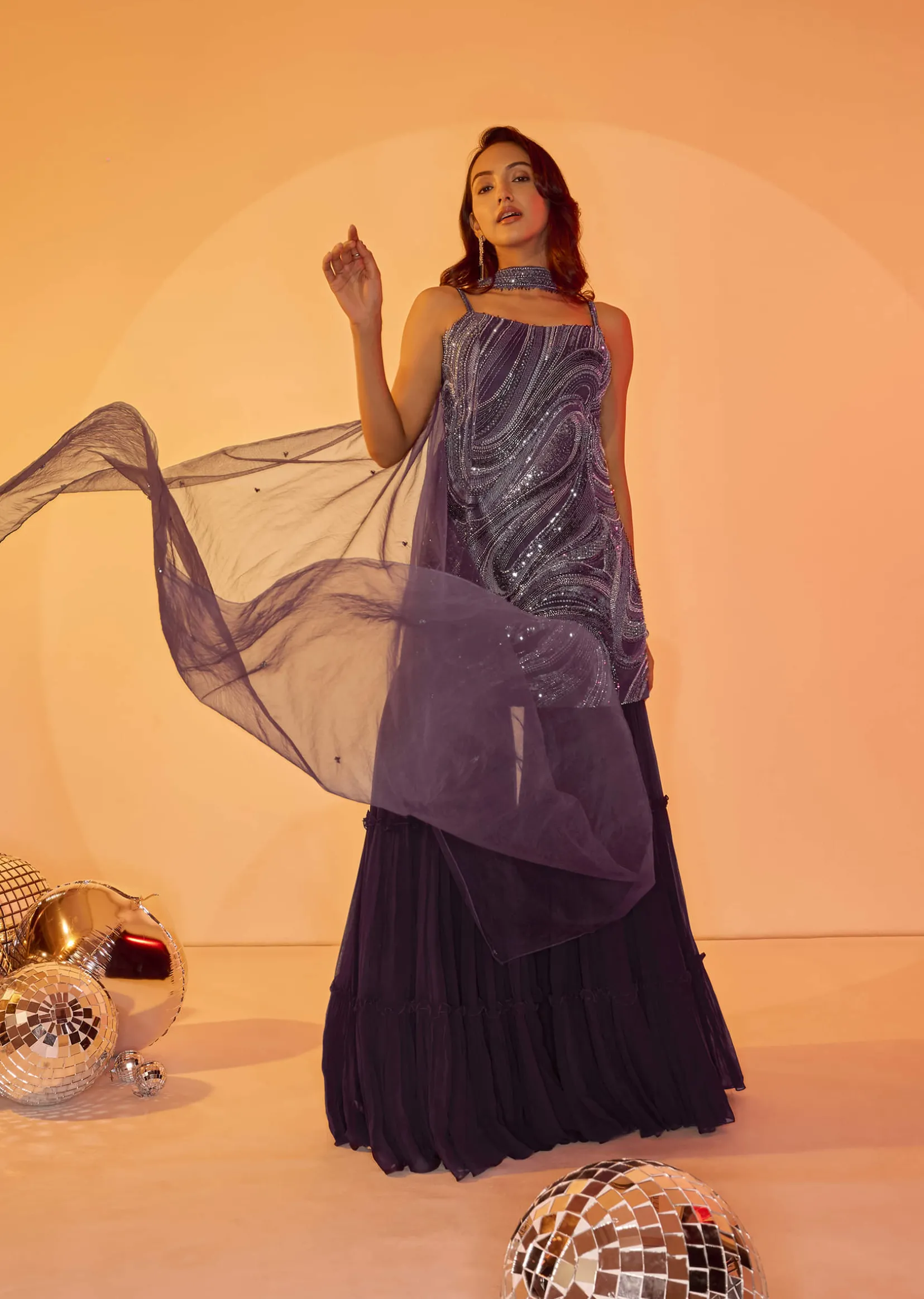 Violet Embroidered Kurti With Ruching Sharara