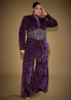 Violet Embroidered Velvet Blazer Set With Polo Neck Top And Pants