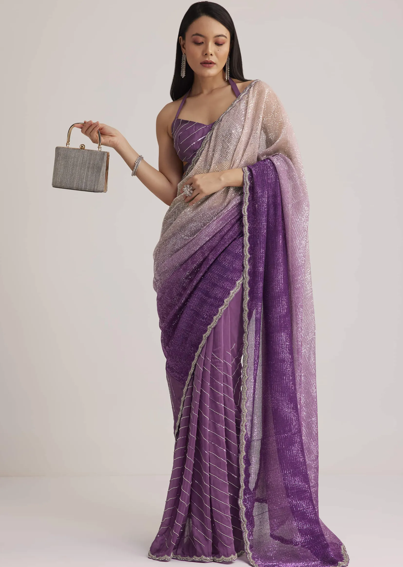 Violet Ombre Sequins Saree With Scallop Border