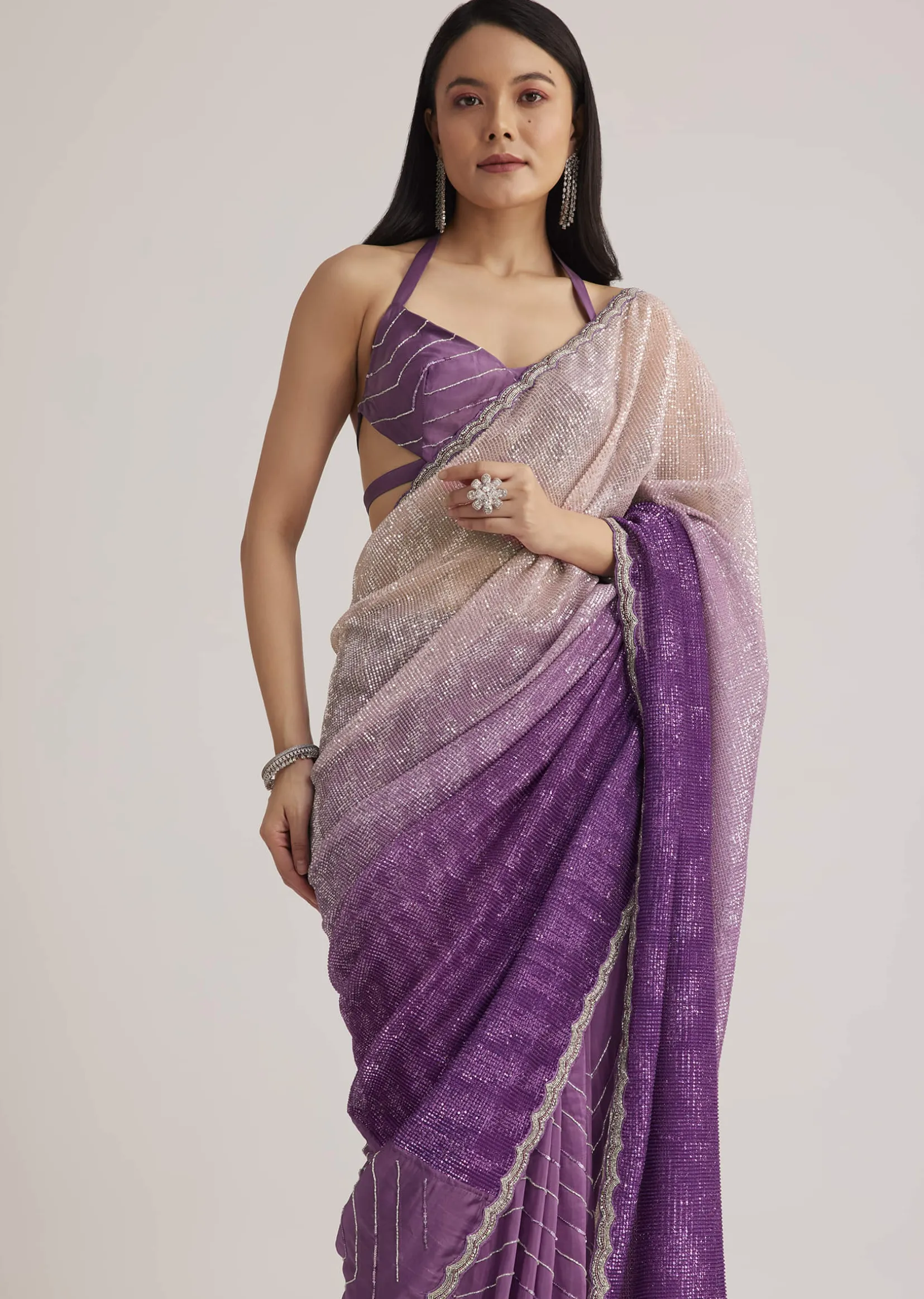 Violet Ombre Sequins Saree With Scallop Border