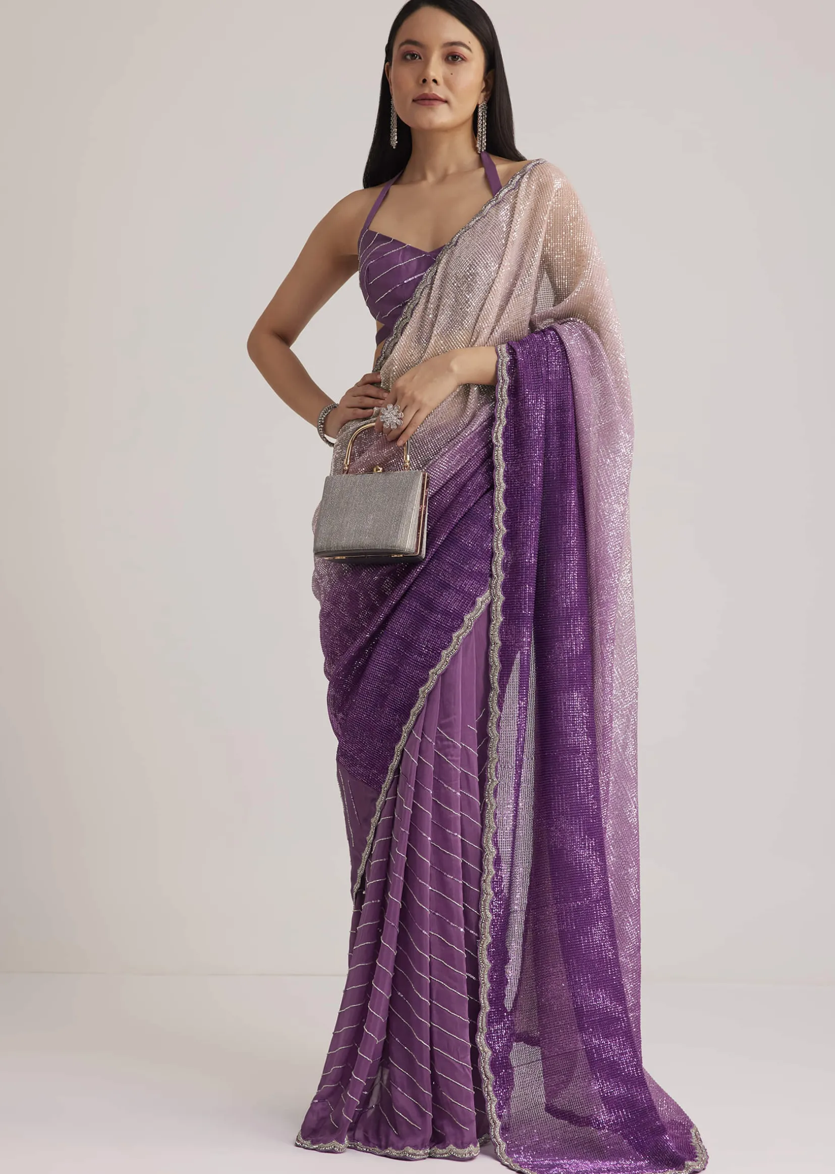 Violet Ombre Sequins Saree With Scallop Border