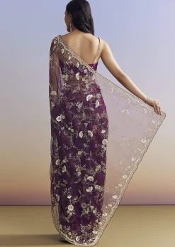 Violet Organza Saree With All Over Embroidered Floral Jaal