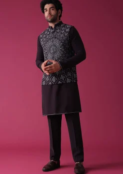Violet Purple Jacket Kurta Set In Silk With Threadwork
