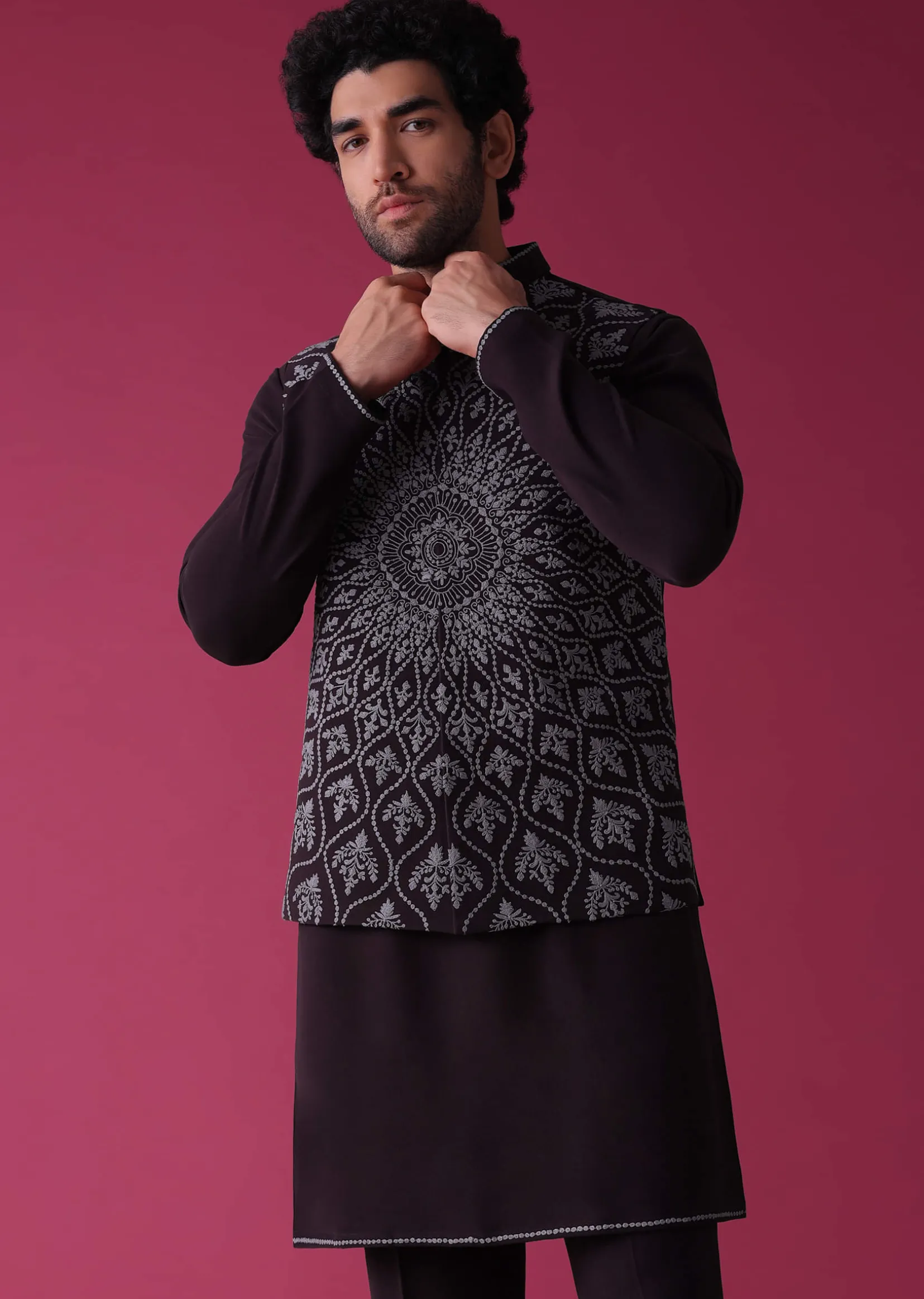Violet Purple Jacket Kurta Set In Silk With Threadwork