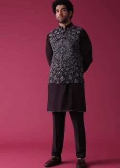 Violet Purple Jacket Kurta Set In Silk With Threadwork
