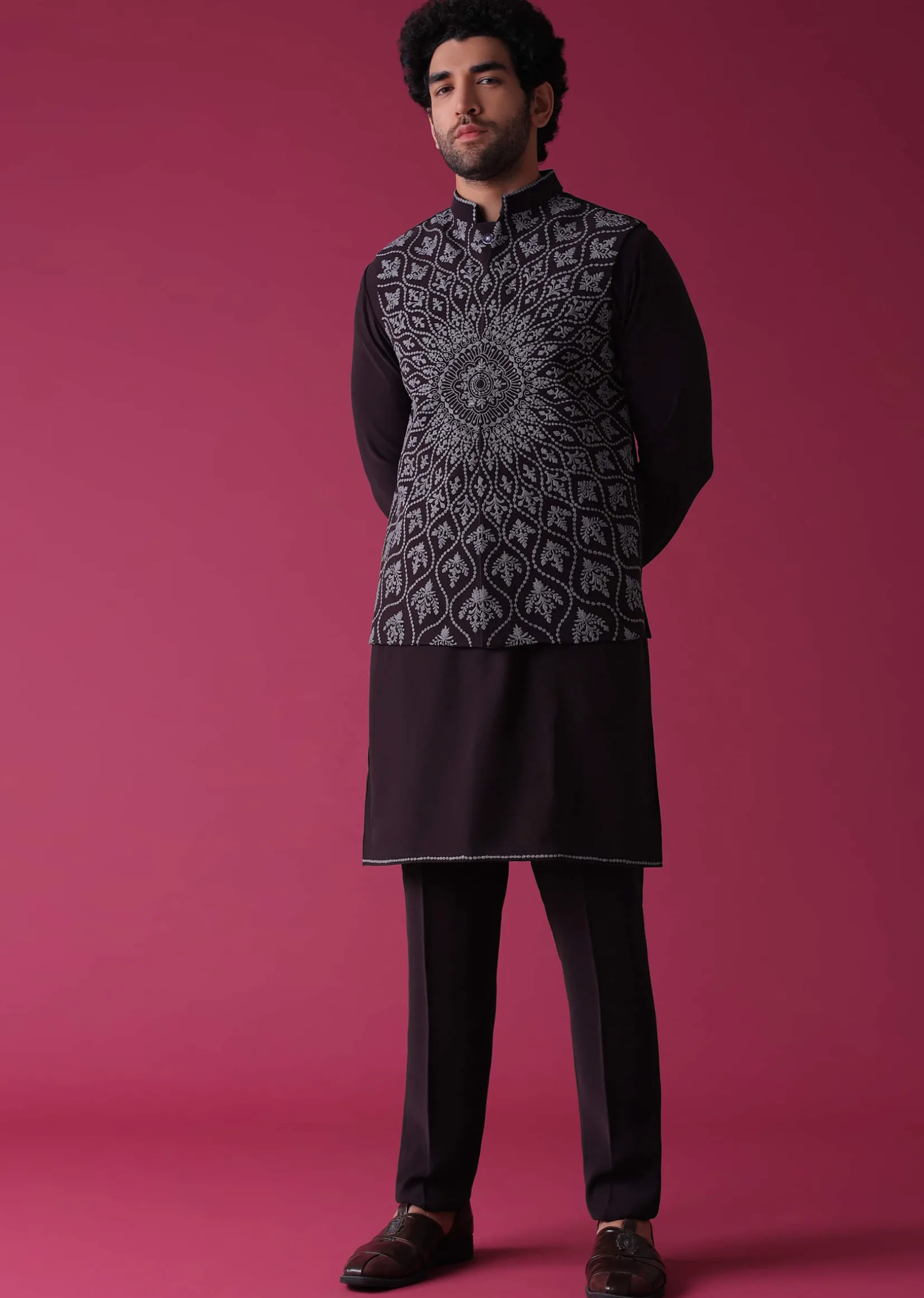 Violet Purple Jacket Kurta Set In Silk With Threadwork