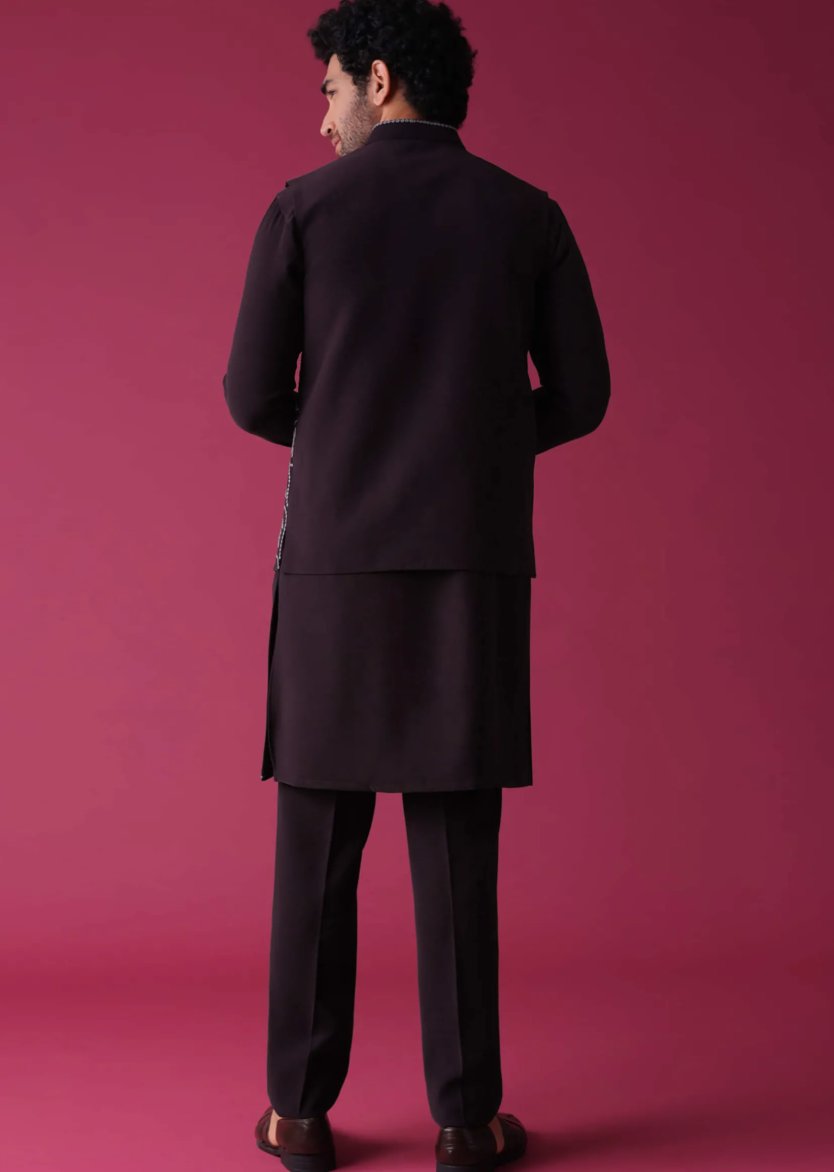 Violet Purple Jacket Kurta Set In Silk With Threadwork