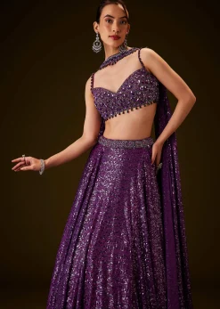 Violet Sequin Lehenga Set With Hand Embroidered Choker Dupatta