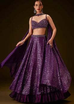 Violet Sequin Lehenga Set With Hand Embroidered Choker Dupatta