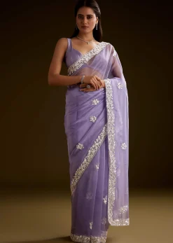 Violet Tissue Saree With Floral Embroidery And Scallop Border
