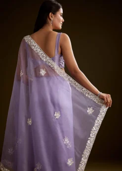 Violet Tissue Saree With Floral Embroidery And Scallop Border